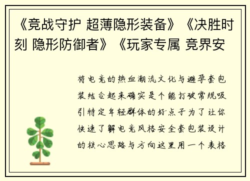 《竞战守护 超薄隐形装备》《决胜时刻 隐形防御者》《玩家专属 竞界安全盾》《高能对战 无形守护》《超神表现 安心竞技》